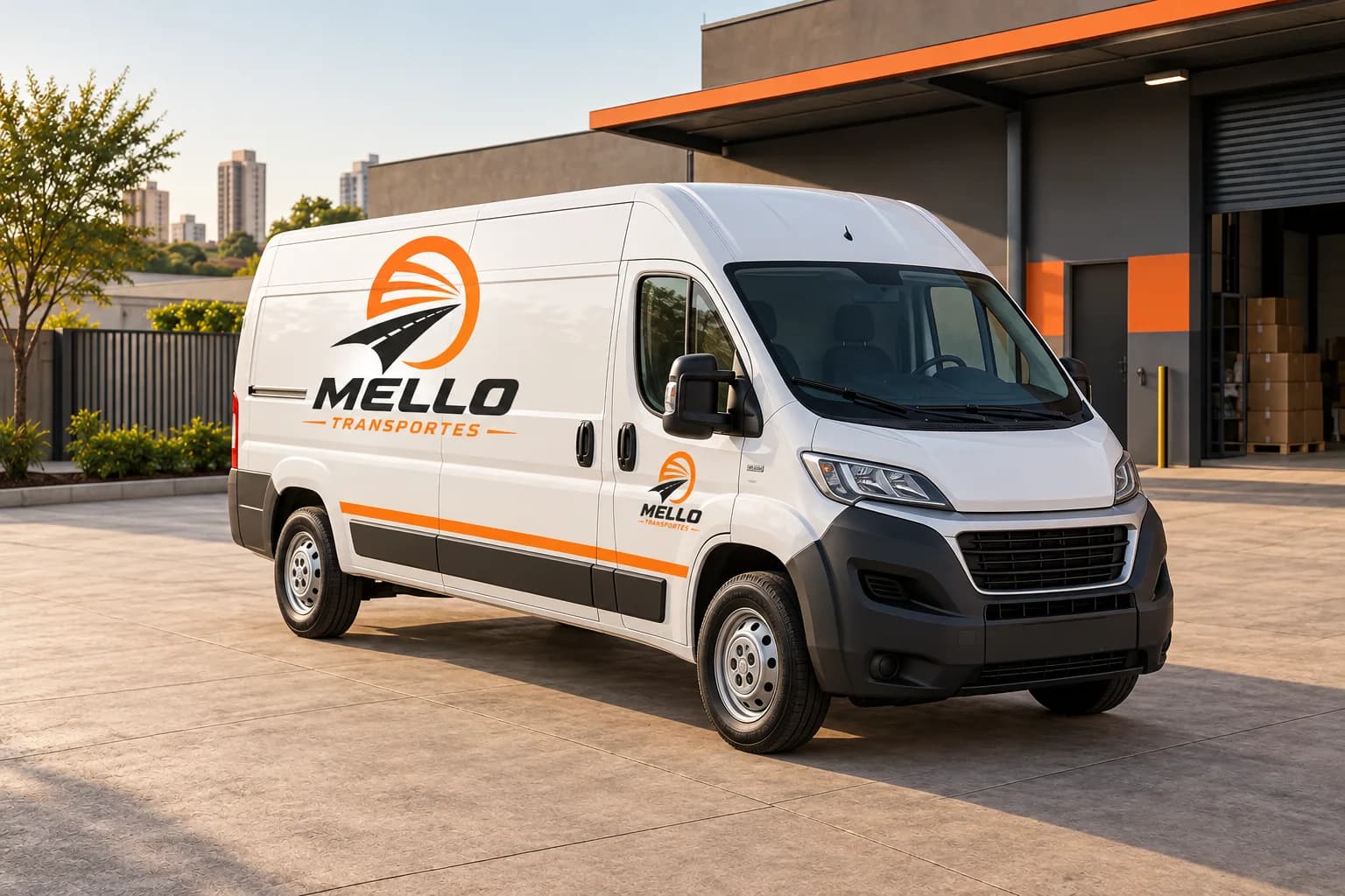 Ilustração de van de carga com a logo da Mello Transportes